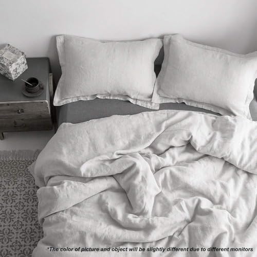 Simple&Opulence 100% Linen Duvet Cover Set with Embroidery Border Washed - 3 Pieces (1 Duvet Cover with 2 Pillow Shams) with Button Closure Soft Breathable Farmhouse - Light Grey, Full Size - color: Light Grey, size: Full