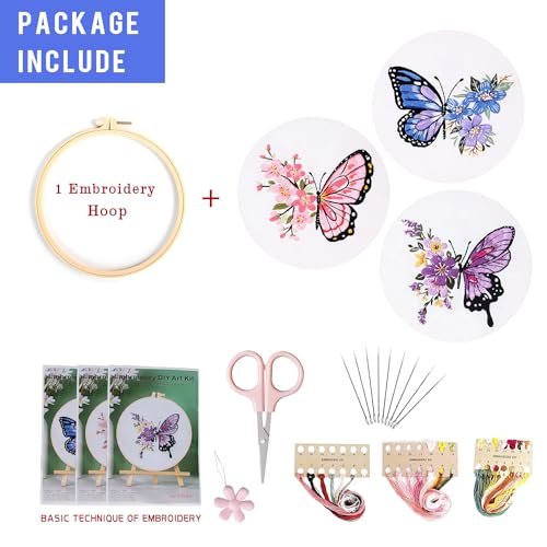 LB Butterfly Embroidery Kit for Beginners Adults, 3 Sets Hand Embroidery Starter Kit with Flower Pattern and Instructions Stamped Cross Stitch Kits Include Embroidery Hoop Needles Threads Scissors - color: Purple