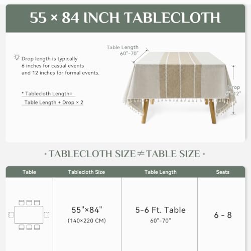 Softalker Fall Linen Rectangle Tablecloth with Tassel, 55 x 84 Inch - color: Coffee Lines, size: 55" x 84" (Rectangular)