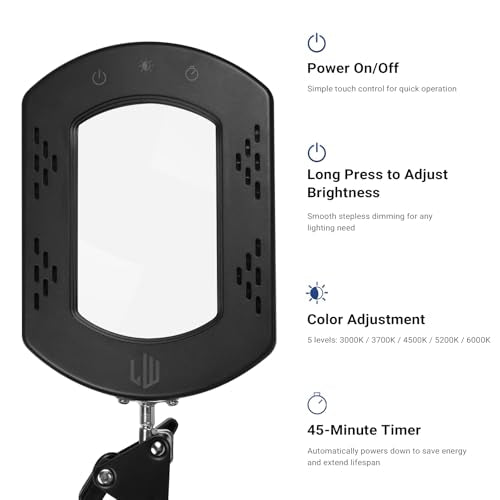 LIWEIGHT 15X Magnifying Glass with [Auto-Timer], Rectangular Real Glass Lens, 5 Color Dimmable Lamp with Stand & Clamp, Professional Hands-Free Magnifier for Reading, Sewing