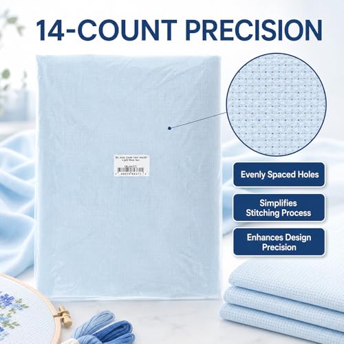 Essentials By Leisure Arts Aida Cloth, 14 Count, Light Blue, 3pc, Bulk, Cross Stitch Fabric, Embroidery Fabric, Cross Stitch Supplies for Crafting, Stitching, and Sewing Projects 30x36 - color: Light Blue