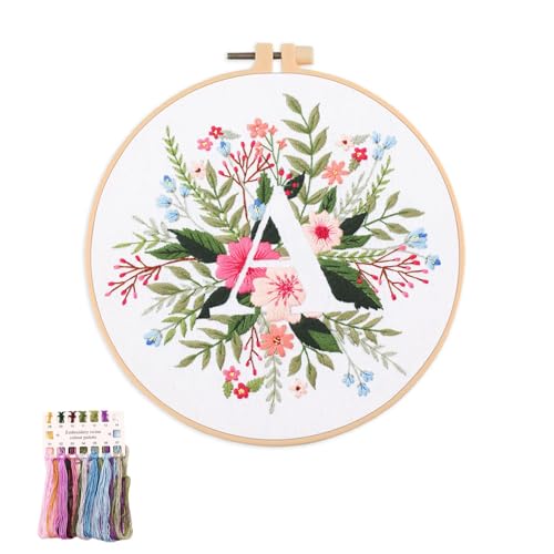 artcici Embroidery Kits Plant Flower Leaf English Letter Patterns for Beginners Adults, Full Range Embroidery Starter Kits Cross Stitch Needlework Supplies (Letter A) - color: Letter A