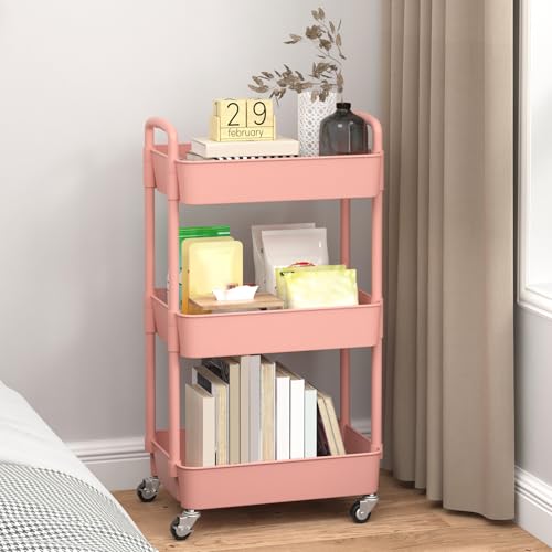 Sywhitta 3-Tier Plastic Rolling Utility Cart with Wheels for Storage, Pink - color: Pink, size: 3-tier
