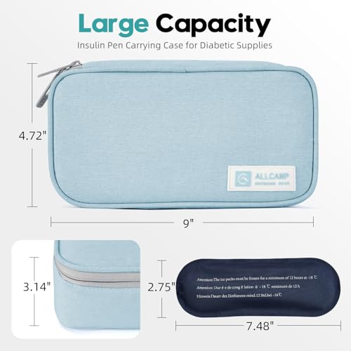 ALLCAMP Insulin Travel Cooler Case, Large Capacity, 4 Ice Packs, Light Blue - color: Light Blue