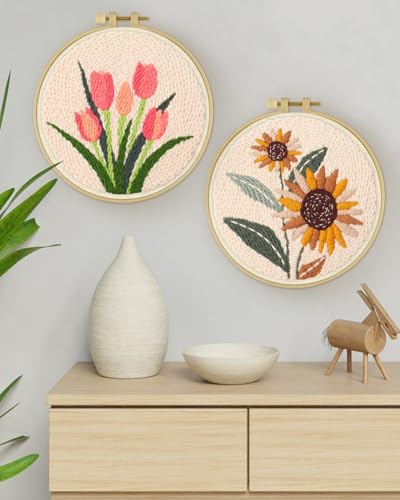 ERKOON Punch Needle Kit Adults Beginners, 2 Pcs DIY Easy Flower Embroidery Set for Starter Art Craft, Needling Punching Project with Patterns, Tools, Yarns, Hoop, Instruction (Sunflowers & Tulips) - color: Sunflowers & Tulips