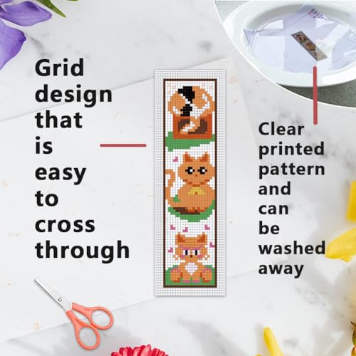 INFUNLY 6 Set Cat Cross Stitch Bookmark Kits Carton Kitten DIY Cross Stitch Kit for Beginners Black Cat Stamped Embroidery Bookmark Kit with Backing Felt Floss Instruction for Starters Book Lovers - style: 6pcs Carton Kitten
