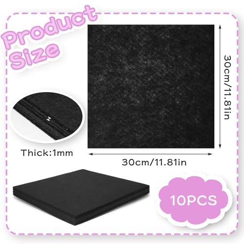 12" x 12" Squares Felt Sheets Fabric, 10Pcs Felt Fabric for Crafts, 1mm Thick Halloween Christmas Fabric Fall Felt Non-Woven Felt Paper for Sewing DIY Projects(Black) - color: Black