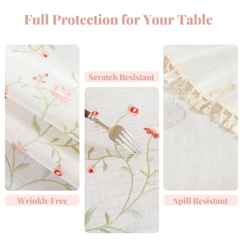 Alsoo Rectangle Tablecloth 55" x 106", Spring Pink Embroidered Table Cloth with Tassels, Farmhouse Rustic Linen Style, Heavy Weight Wrinkle & Spill Resistant Table Cover for Dining Kitchen & Party - color: Pink Flower, size: 106" x 55" (Rectangular)