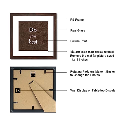 11x11 Picture Frame Set of 3 with Real Glass for Pictures 8x8 with Mat or 11x11 Without Mat, Wall Gallery or Tabletop display Photo Frames in Walnut - color: Walnut, size: 11x11(set of 3)