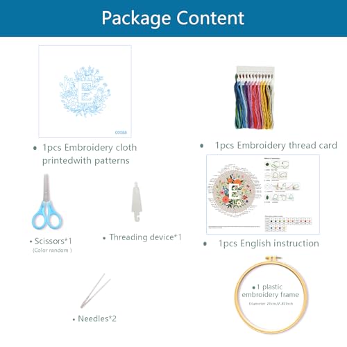 Zhenqing Letter E Floral Embroidery Kit for Beginners, Pre-Printed 29x29cm Cotton Fabric with 20cm Hoop, Elegant Monogram Art for Home Decor(C0088)