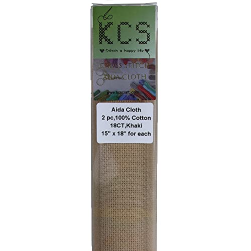 KCS 2 pc of 15" x 18" Counted Cross Stitch Cotton Aida Cloth Needlework Fabric (Khaki, 18CT) - color: Khaki, size: 18CT