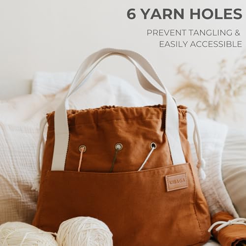 Stylish Crochet Bag Organizer for Yarn - Durable Canvas with 8 Pockets - color: Brown
