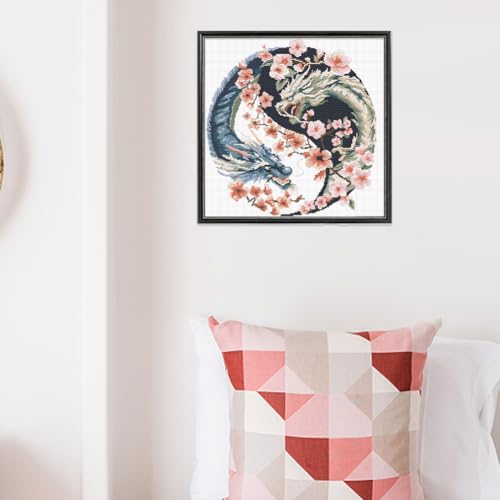 FREEBLOSS Cross Stitch Kit Dragon Stamped Cross Stitch Wall Hanging for Adults with Instructions Pure Cotton Cloth for Beginnrs 17.7''*17.7'' No Frame