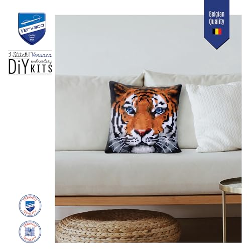 Vervaco Cross Stitch Embroidery Kits Pillow Front for Self-Embroidery with Embroidery Pattern on 100% Cotton and Embroidery Thread, 15,75 x 15,75 Inches - 40 x 40 cm, Tiger - color: multicolor
