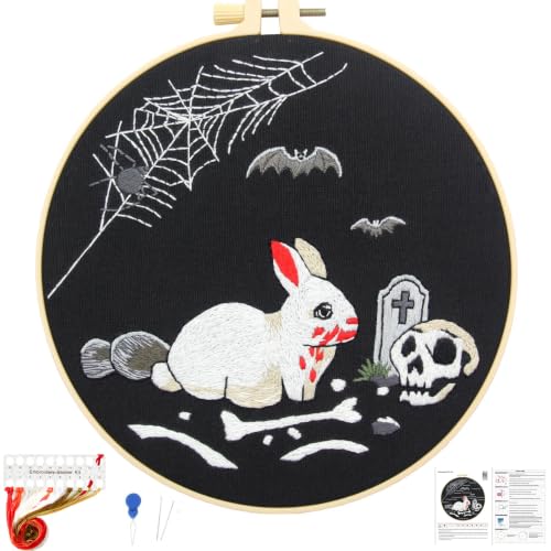 Halloween Embroidery Kits for Beginners Adults, Gothic Rabbit Embroidery DIY Kit, Halloween Cross Stitch Kits Needlepoint Kits for Beginners Adults Woman Gifts, Embroidery Hoop, Thread, Video Tutorial - color: H2123