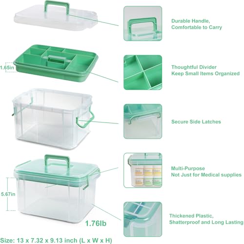 2-Tier Medicine Organizer - Plastic Portable Storage Box with Handle Green - color: Green