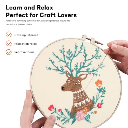 Beginner Deer Embroidery Kit for Adults, Pre-Printed with Video Tutorial - color: Deer