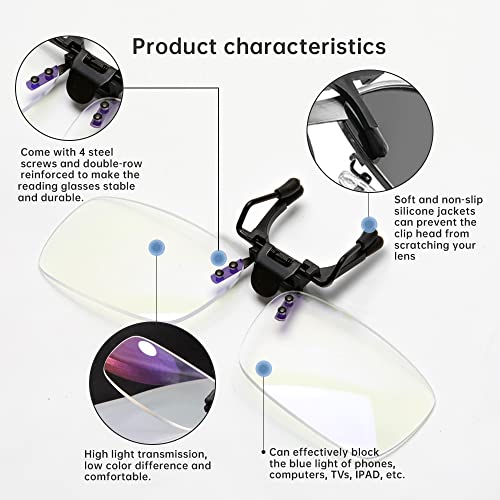 Reading Glasses Clip On and Flip Up Blue Light Blocking Magnifying Glasses Magnifiers Lenses Readers for Unisex (Transparent, 1.0)