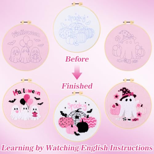 Mindsoft 3 Set Needlepoint Kit for Beginners with Hoop,Pink Halloween - style: Pink Halloween