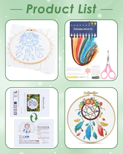 ERKOON Embroidery Kit for Beginners, Flower Cross Stitch Set for Include Embroidery Cloth Hoops Threads for Craft Lover Hand Stitch with Embroidery Skill Techniques (Dreamcatcher) - color: Dreamcatcher