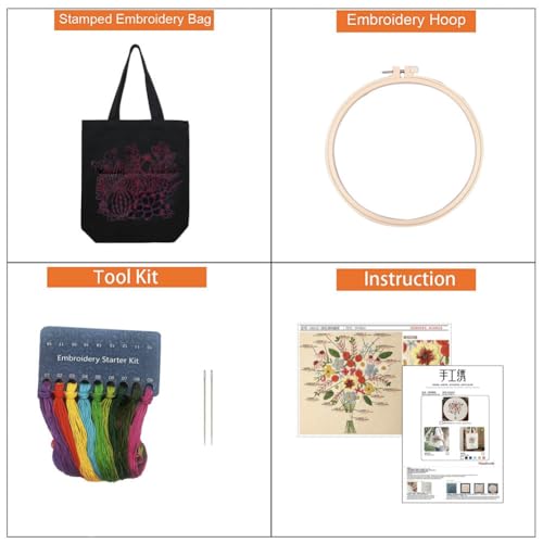 KABAKE Canvas Tote Bag Embroidery Silk Ribbon Kit for Beginners, Arts and DIY Crafts Starter Kit, Includes Stamped Bag, Threads, Tools (Black with Sunflower) - color: Black Bag with Sunflower