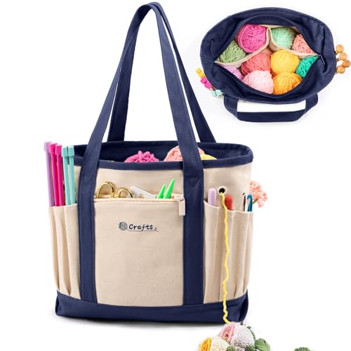 MYBAGZING Canvas Yarn Storage Organizer Bag Washable Crochet Bag with Pockets for Yarn, Hooks, Needles – Travel Knitting Tote for Crafters – Gift for Crocheters & Knitters (Medium/Large) - color: Nature-Navy, size: Medium-12.5“