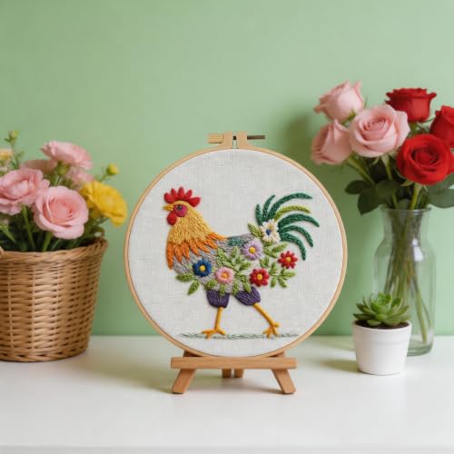 Herdiese Embroidery Kit for Beginners, Rooster Flower Set with Hoop - color: Chicken