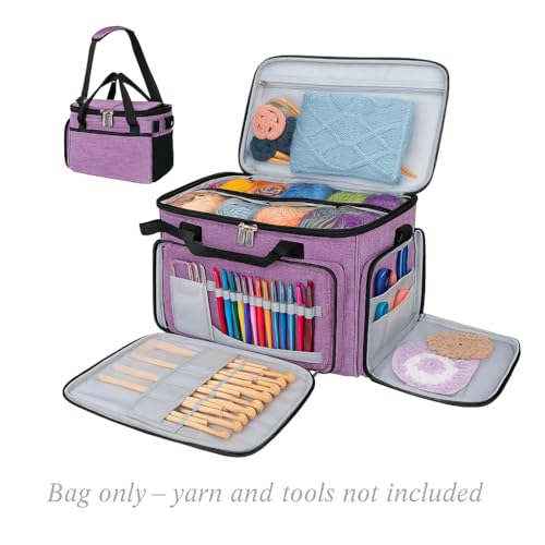 LOLE Yarn Organizer Tote – Large Knitting & Crochet Storage Bag with Clear Top, Dividers, Grommet Yarn Feed & Accessory Pockets – Portable Craft Project Bag
