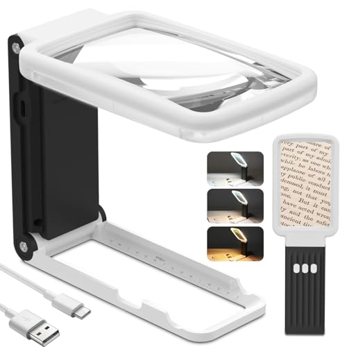 15X Magnifying Glass with Light and Stand, Real Glass Lens, Rechargeable Foldable Handheld Magnifier, 3 Color Modes Dimmable Lighted Page Magnifier for Reading Fine Prints, Low Vision Seniors - color: White Black