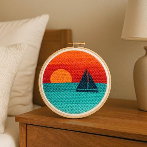 CELCRAFTIQUE Punch Needle Kits for Adults Beginner, Tool with Punch Needle Fabric, Hoops, Yarns and Sewing Needles (Style 3) - color: Sail At Sunset