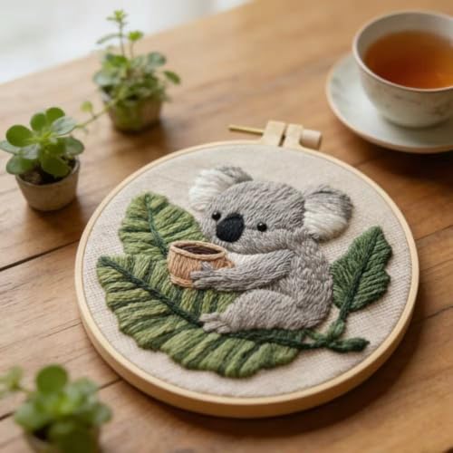 HCANPER Cute Koala Embroidery Starter Kit,DIY Needle Punch Kit, Punch Needle Kits for Beginners,Include Pre-Printed Fabric,Tools,Embroidery Hoop,Threads. (Coffee) - color: Coffee