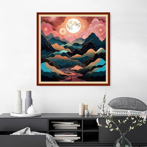 Findvoor Stamped Cross Stitch Kits for Beginners Full Range of Cross Stitching Embroidery Pattern for Adults, 11CT DIY Needlepoint Embroidery Starter Kits-Moon Mountains Rivers 17.7x17.7 inch - color: StampedKits 26
