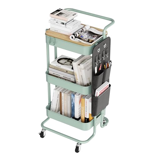 DTK 3-Tier Rolling Cart with Table Top, Metal Utility Cart with Side Bags - color: Green, size: Large