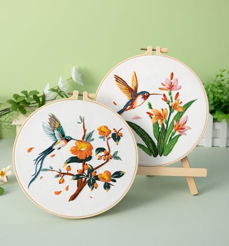GLTAYLMY 3 Pack Embroidery Kits for Adults, Hummingbird and Flower Embroidery Kit for Beginners with Clear Instructions,1 Plastic Embroidery Hoops, Stamped Patterns, Colorful Threads, Tools - color: Bird123