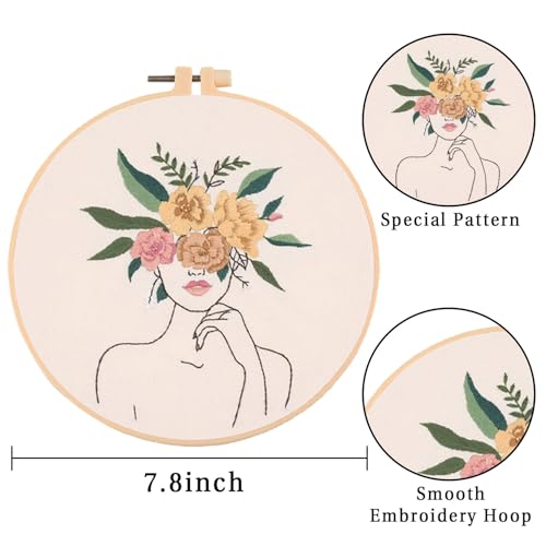 EOBTAIN 3 Pcs Embroidery Kit for Beginners Adults Boho Floral Hand Stamped Embroidery Satrter Kits DIY Cross Stitch Kits with Embroidery Hoop,Needles and Threads,Gifts for Woman at Home Embroidery Kit - color: Girl