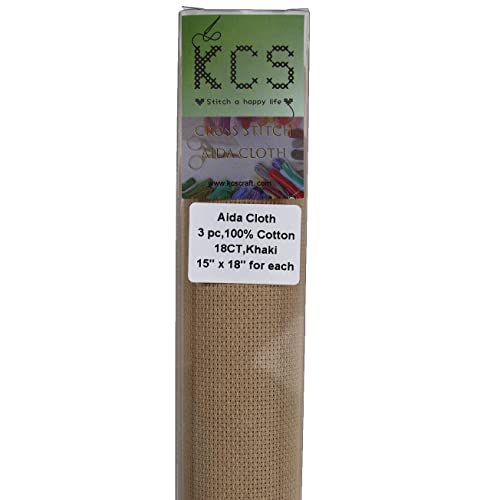 KCS 3 pc of 15" x 18" Counted Cross Stitch Cotton Aida Cloth Needlework Fabric,18CT,Khaki - color: Khaki, size: 18CT