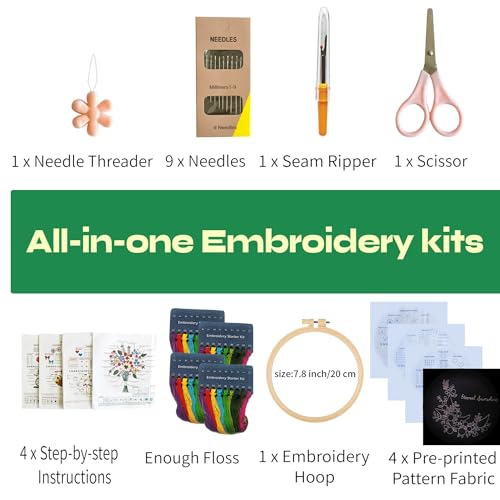 CornerLife 4 Pack Embroidery Kit for Beginners Adults, Hand Embroidery Kits with Pre-Stamped Floral Patterns and Instructions, Adjustable Hoop, Needlepoint Starter Kit DIY Art Crafts Gift (Flower B) - color: Flower B