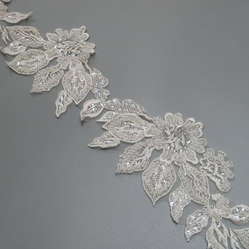 2yard Sequins Beaded Flower Embroidery lace Appliques for Wedding Dresses Rhinestone Applique Patches lace Trims parches ropa (Off White) (P3286A) - color: SPXB-P3286A-2yR22