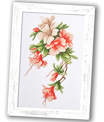Povitrulya Azalea Embroidery Kit - DIY Flower Counted Cross Stitch Set with Pre-Sorted Floss, Paper Pattern and Banked 16 Count Aida Cloth - color: Azalea