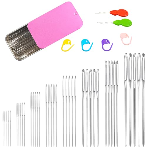 Eketirry 46PCS Large-Eye Blunt Needles Kit, 8 Sizes Stainless Steel Yarn Knitting Sewing Crafting Weaving Stringing Needles with Threaders and Stitch Markers (Rosy Purple) - color: Rosy Purple
