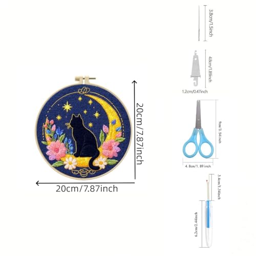 LSLFQYQSK Beginners Embroidery Kits - The Little Cat at Night DIY Cross Stitch Kits,Including,Stamped Flower Patterns,Hoop,Color Threads,Tools (Style B) - style: Style B