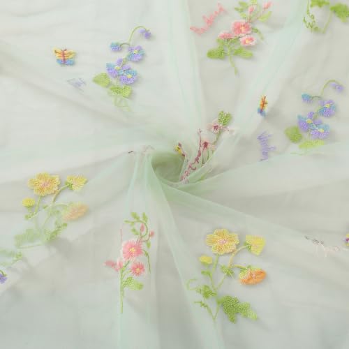 Floral Gauze Table Runner Green 10ft Embroidery Tulle Spring Wildflower - color: Green, size: 27"x120",3pcs