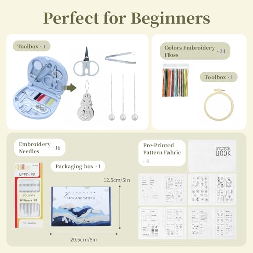 Stitch Book Kit, Embroidery Stitch Book for Beginners, DIY Portable Stitch Guide with Step-by-Step Instructions, Handmade Embroidery Learning Book with Basic Sewing Tools Kit