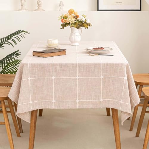 SIELUNO Rectangle Table Cloth Cotton Linen Waterproof Embroidery Tablecloth Rustic Farmhouse Style for Indoor Outdoor Dinning Tabletop Decoration-Plaids Coffee-54 x102 - color: Plaids Coffee, size: 54" x 102" (Rectangular)
