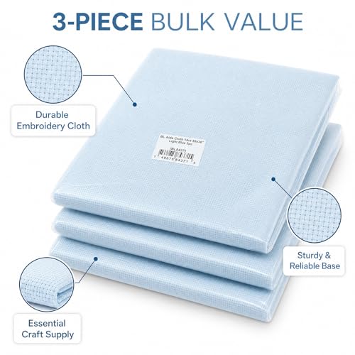 Essentials By Leisure Arts Aida Cloth, 14 Count, Light Blue, 3pc, Bulk, Cross Stitch Fabric, Embroidery Fabric, Cross Stitch Supplies for Crafting, Stitching, and Sewing Projects 30x36 - color: Light Blue