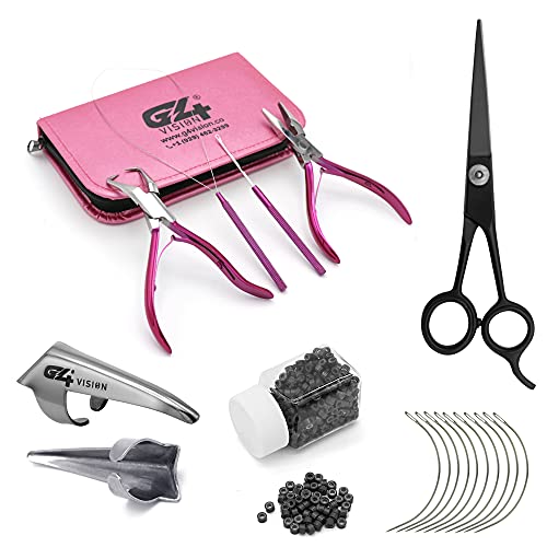Professional Hair Extension & Beading Tool Kit Remove Plier Set for beads (4 Piece) I-Link Micro Ring Loop Needle Pulling Hook Threader Wire for Silicone Rings (Black Beads) - color: Black Beads