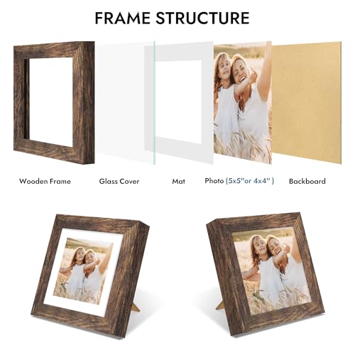 Hongkee 5x5 Picture Frame with Real Glass Wood Frame, 1 Pack (with Mat 4x4) - color: Rustic Brown, size: 5X5 in