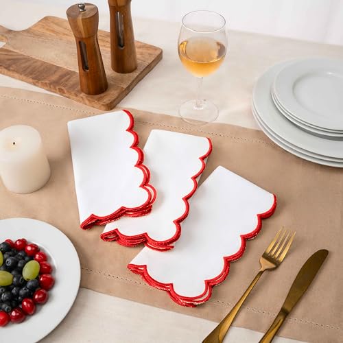 Blue Needles Cotton Scalloped Embroidery Cloth Napkins 17X17Inch - Set of 4 - color: White(edges - Red)