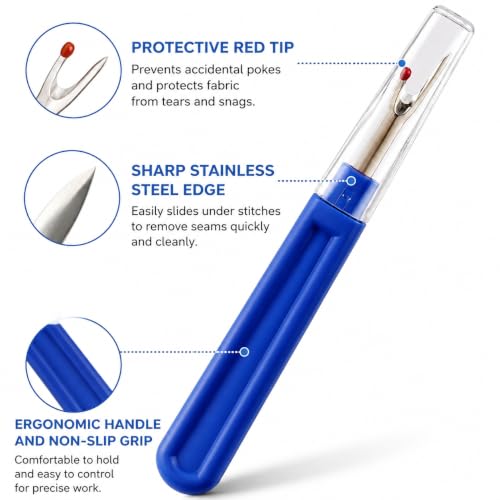 CampTek Seam Ripper & Thread Remover Kit - Professional Ergonomic Stitch Cutter Tools for Quilting, Leather, Denim, Cross Stitch | Sewing Supplies with Patch Remover, Durable Sewing Kit Tools (Blue) - color: Royal Blue