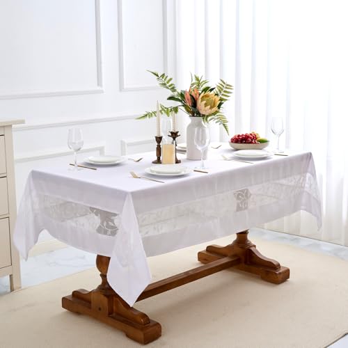 Polyester Fabric Tablecloth with Exquisite Embroidery Sheer Border-Waterproof/Wrinkle Resistant-for Dining,Indoor&Outdoor,Wedding,Holiday,White,White,Rectangle 60x102Inch - color: White, size: 102" x 60" (Rectangular)